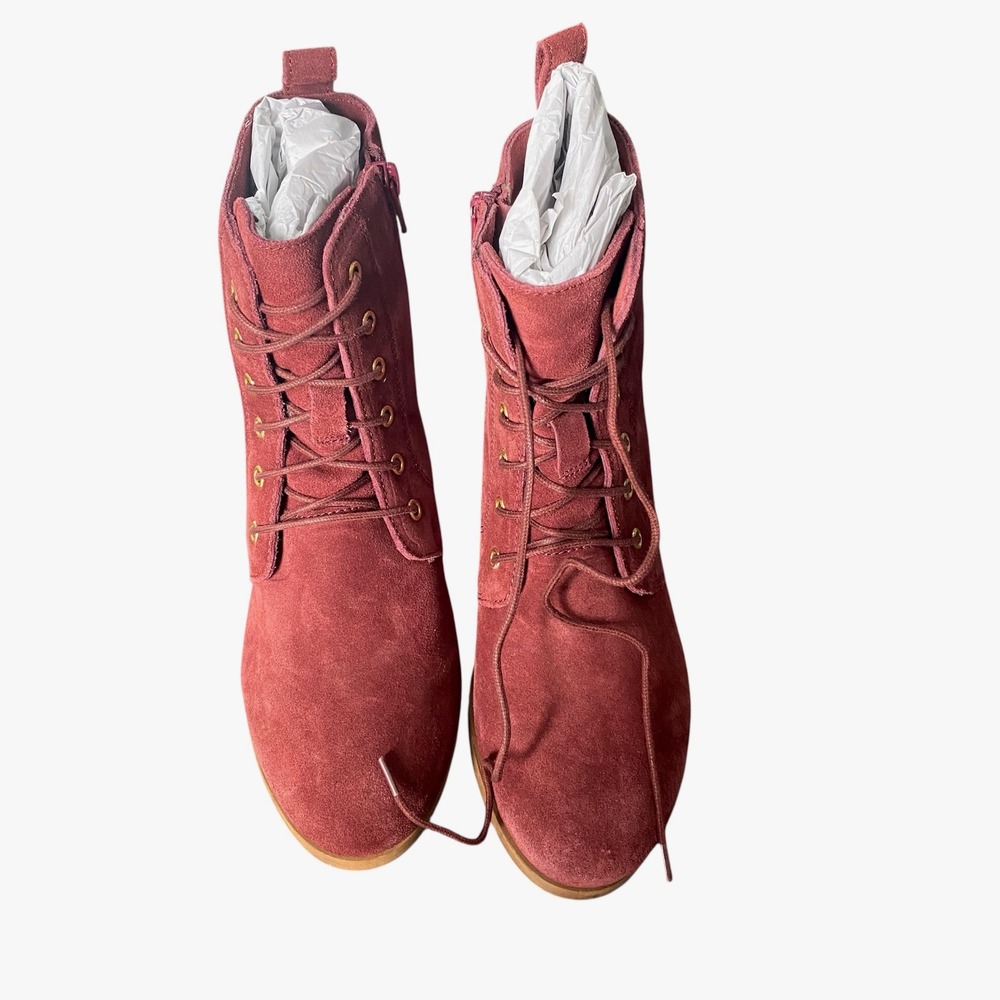 NWOB Diba Wedge Booties Size 8M Lace Up Suede Leather Ankle Boots Maroon Red - Picture 3 of 6